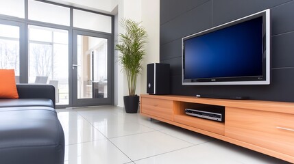Modern living room showcasing sleek flat screen TV warm wood media console. AI Generated