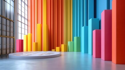 Obraz premium A vibrant interior scene featuring colorful vertical bars against a bright wall, creating a lively atmosphere perfect for presentations or creative spaces.