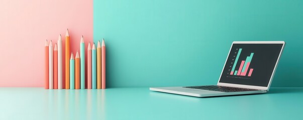 A colorful workspace featuring a laptop displaying charts next to a set of vibrant candles on a teal and pink backdrop.
