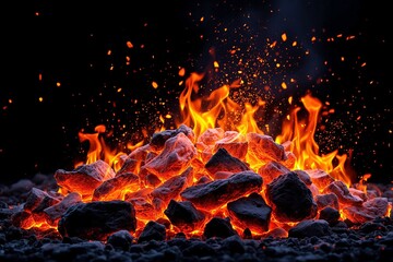 Hot glowing coals with vivid orange flames and sparks, set against a dark background. Concept of fire, heat, and energy. Ai generative