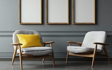 Grey room, two armchairs, yellow pillow,  blank frames, modern interior design, home decor