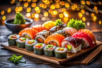 Hand-Drawn Sushi & Sashimi Set Night Photography Stock Photo