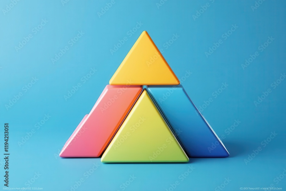 Poster a vibrant arrangement of colorful triangular shapes stacked on a blue background, creating a playful