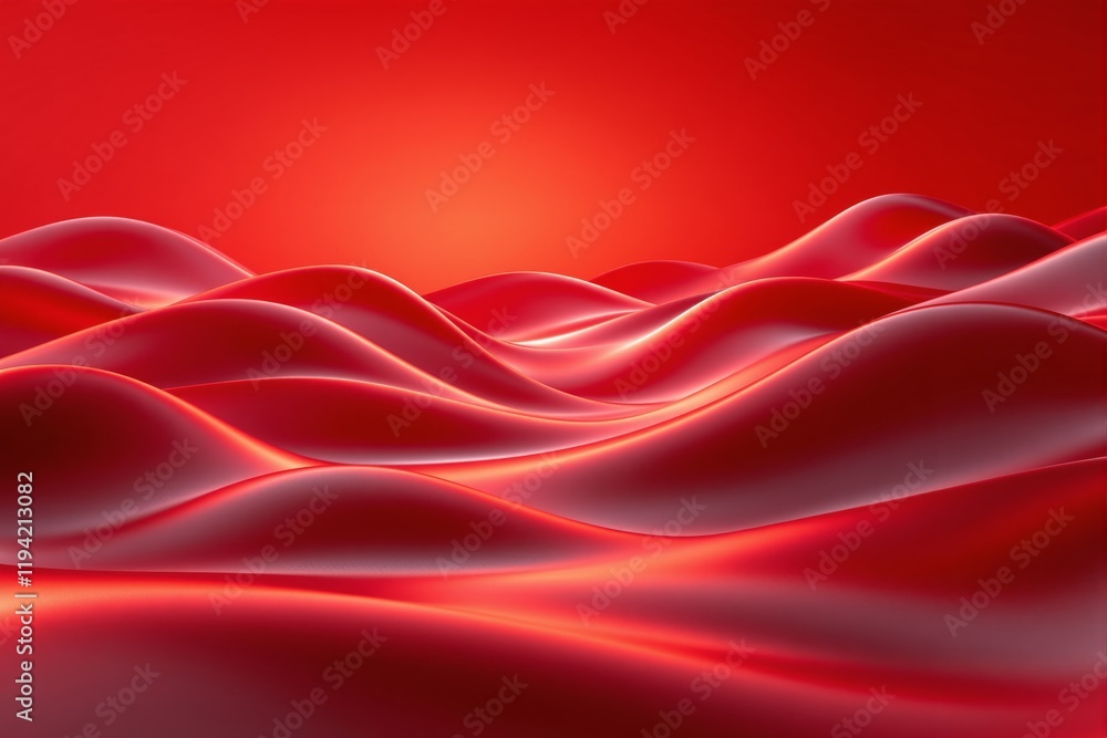 Poster abstract smooth red waves creating a flowing landscape, with gradient lighting on a vibrant red back