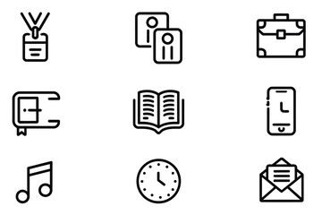 Minimalist Black Line Icon Set - Badge, Information, Briefcase, Open Book, Smartphone, Clock, Music Note, Email Envelope