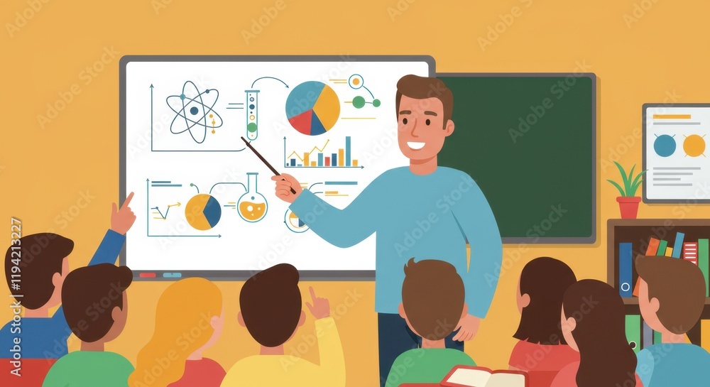 Poster teacher explains science concepts to attentive students in classroom setting