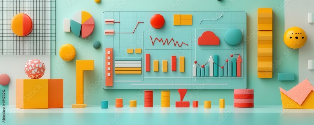 Poster a vibrant, modern display of colorful geometric shapes and graphs on a turquoise background, represe
