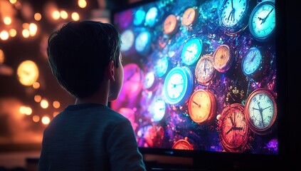 Child Watches Colorful Clock Screensaver, Intrigued by Time's Passage and Vivid Hues on TV Screen at Night