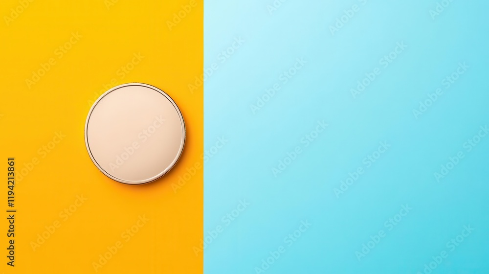 Poster a round object positioned on a vibrant yellow background, contrasting with a smooth blue area, creat