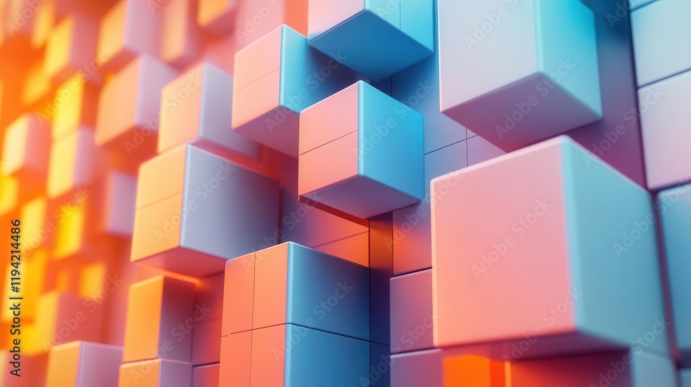 Poster a vibrant, abstract composition featuring stacked cubes in shades of blue and orange, creating a dyn