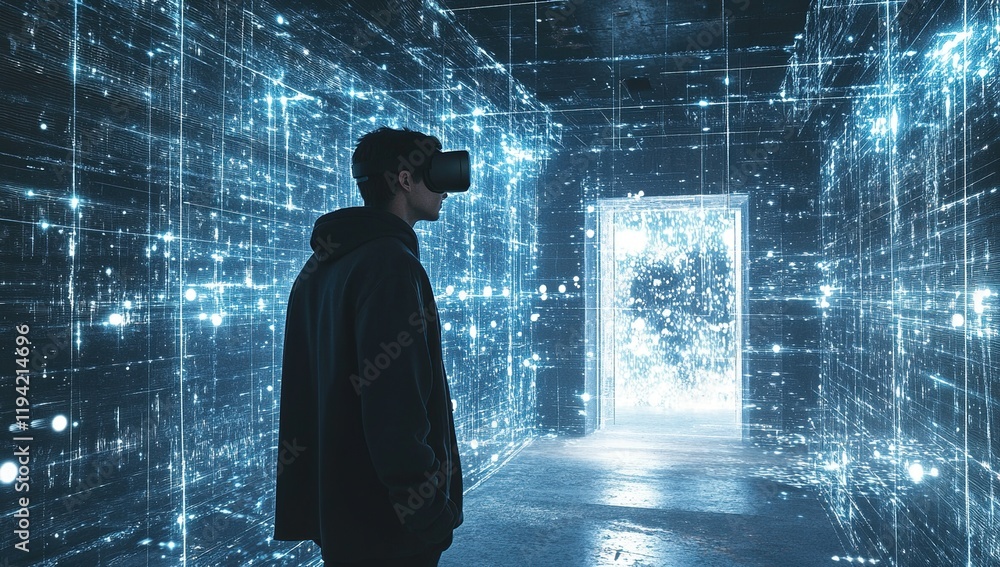 Poster exploring virtual reality: a journey through digital worlds and immersive experiences