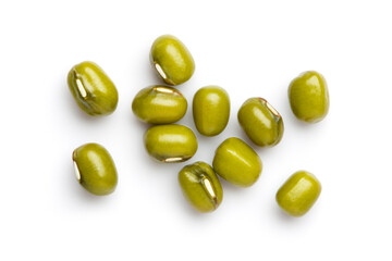 Green mung beans (mungbean) isolated on white background. Top view.