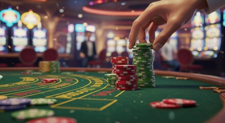 Hand placing chips on casino table: exciting gambling scene with poker chips and blurred background