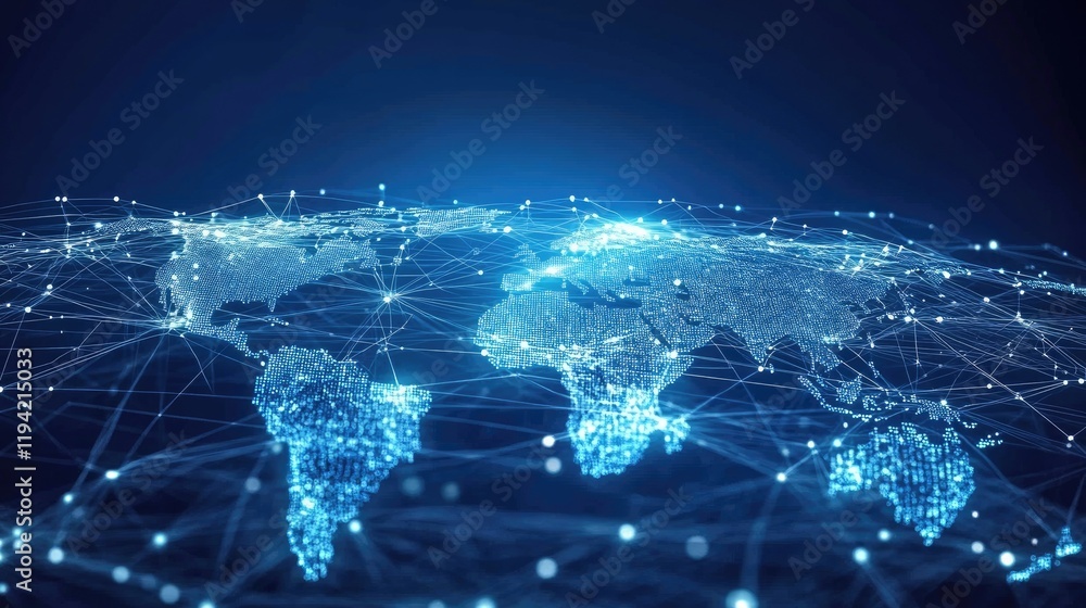 Poster global network: a stylized, futuristic image of the earth with interconnected lines representing a g