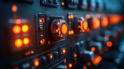 Obraz premium Close-Up View of Illuminated Control Panel with Knobs and Buttons Featuring Dynamic Orange Lights and Intuitive Digital Interfaces for Advanced Technology Applications