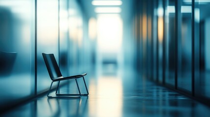 Solitary Chair in Modern Office Corridor: A single, sleek chair sits in a long, modern office corridor, bathed in cool blue light, creating a contemplative and slightly melancholic atmosphere.