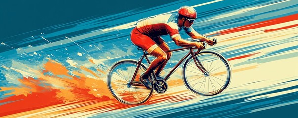 Fototapeta premium Retro cycling digital illustration, depicting a vintage bicycle racer in midmotion, with classic design elements and vibrant tones for a nostalgic look
