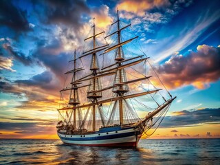 Fototapeta premium Historic Tall Ship Replica, Ocean Voyage, Wooden Sailing Vessel, Maritime History, Pacific Ocean Adventure