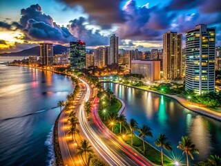 Fototapeta premium Honolulu Kakaako Night Lights Aerial Long Exposure from Ala Moana Beach Park