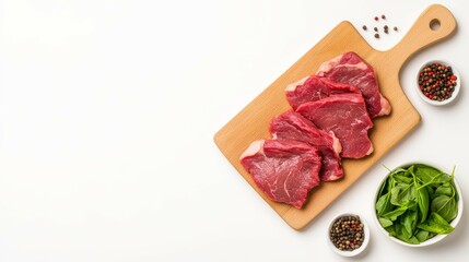 Freshly cut beef steaks arranged on a wooden board with herbs and spices in background