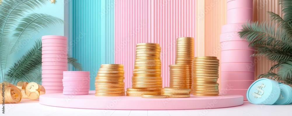 Poster a vibrant display of golden coins stacked on a pastel backdrop, creating a playful and colorful repr