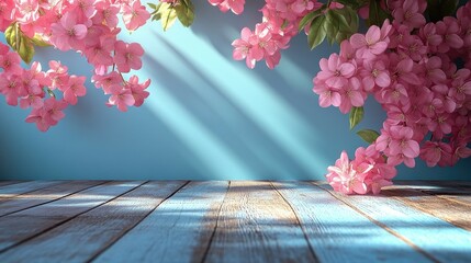 Pink Cherry Blossoms on Wooden Table: Spring Floral Background