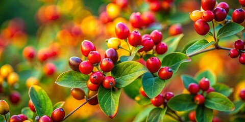Obraz premium Hypericum Androsaemum Shrub, Long Exposure, Windblown Branches, Autumn Berries, 4K UHD