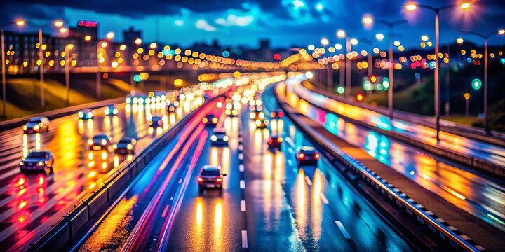 I-95 South Highway Blurred Lights Bokeh Night Drive Stock Photo