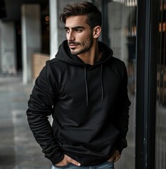 Obraz premium Casual man wearing black hoodie in front of modern outdoor architecture