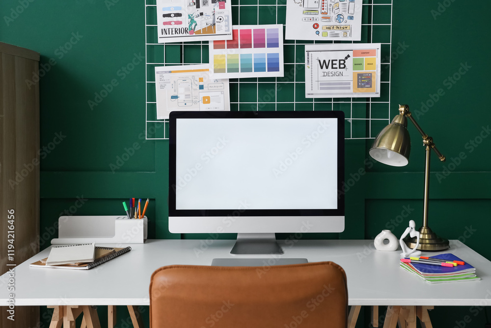 Poster workplace with blank computer monitor and lamp in office
