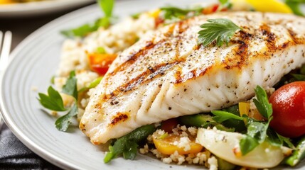 A balanced pescatarian meal, with grilled fish, vegetables