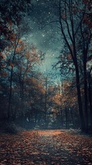 Autumn Night Forest Path: Starry Sky over Mystical Woods