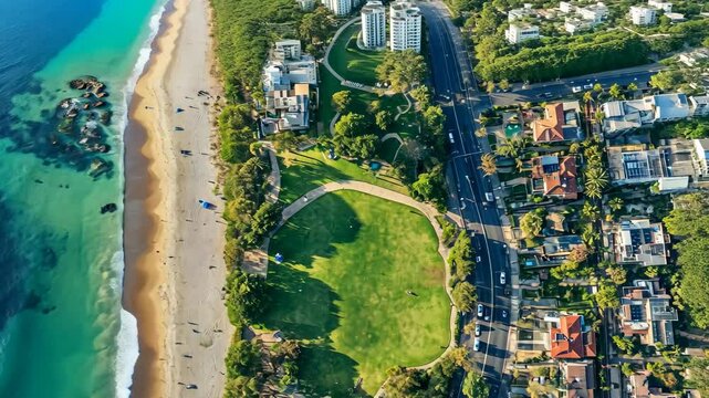 Impressive aerial view of Bronte beach park and surrounding residences in Sydney, Bronte Sydney Aerial view of beach, park and residential real estate area