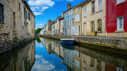 Charming Canal-side Reflections: A picturesque canal in a quaint European town, with colorful houses lining its banks, their reflections mirrored perfectly in the tranquil water.