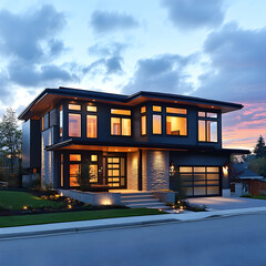Modern Luxury Home Exterior Dusk Twilight