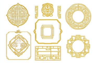 Flat vector illustration of different Chinese retro frames in golden colors, isolated for Lunar New...