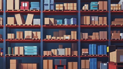Retail warehouse full of shelves with cardboard boxes and packages. Logistics, storage, and delivery industrial background.