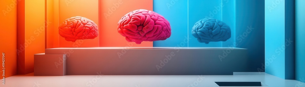 Poster a vivid display of three floating brain models in contrasting colors, symbolizing creativity, logic,