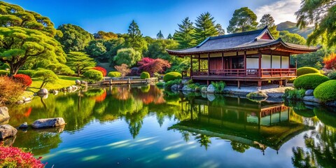 Fototapeta premium Itabashi Botanical Garden: Serene Japanese Garden Architecture, Lush Greenery, Tranquil Pond