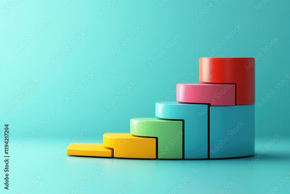 Poster a colorful arrangement of stacked blocks in ascending order against a teal background, representing 