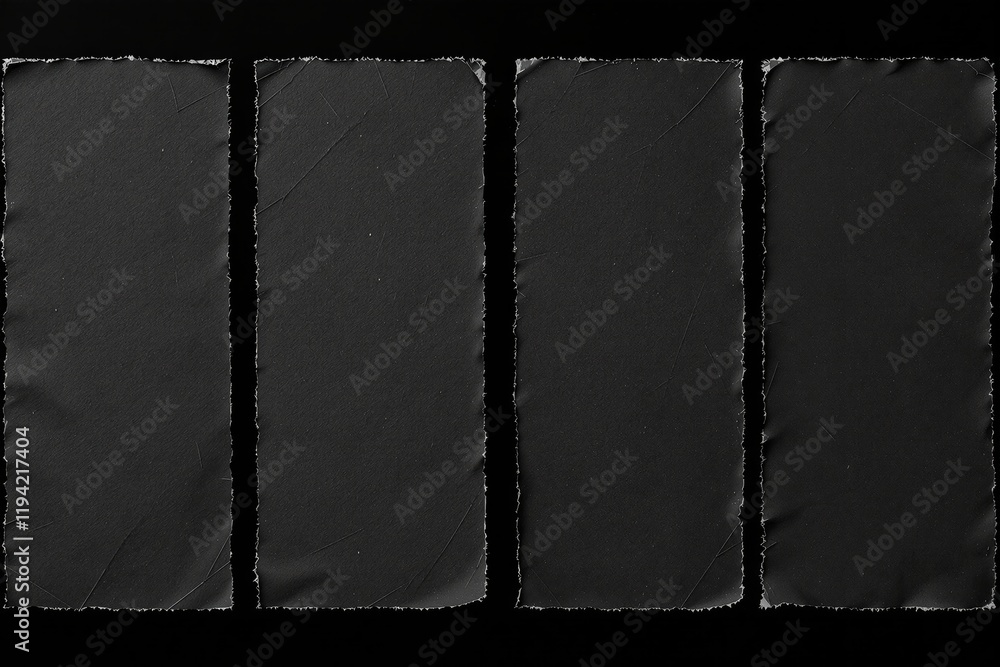 Poster four torn textured paper strips with rough, uneven edges displayed vertically on a dark background. 