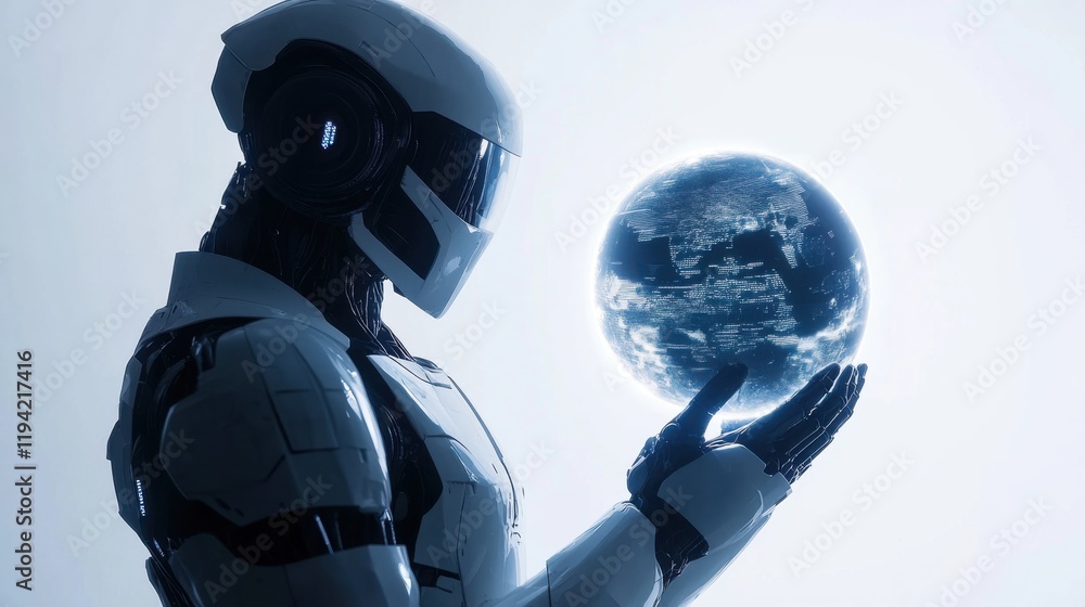 Poster futuristic robot discovering a new world while holding a glowing globe in its hands amidst a soft li