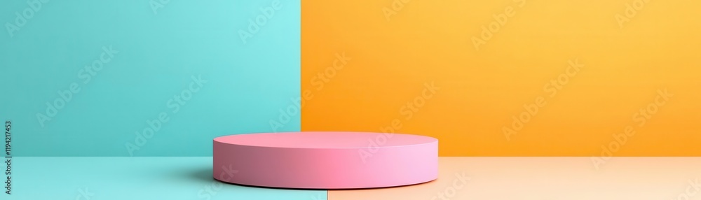 Poster a minimalistic design featuring a pink circular object on a split background of teal and orange, evo