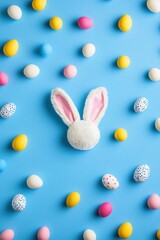 Festive Easter Bunny Ears with Colorful Eggs on Blue Background