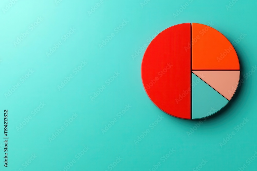 Poster a colorful pie chart on a teal background, representing data segments with varying sizes and colors.