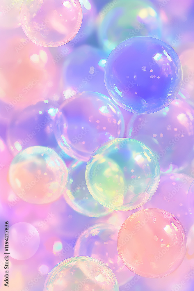 Poster soap bubbles floating showing vibrant rainbow colors with iridescent surface