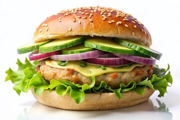 Juicy Turkey Burger with Avocado & Lettuce on White Background - Stock Photo