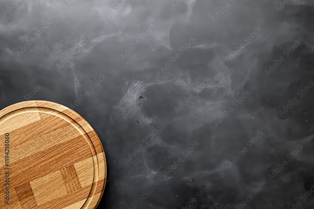 Poster wooden circular cutting board on a smoky textured gray background, creating a minimalistic and rusti