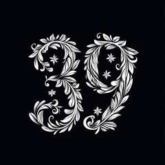 Elegant Floral Design of the Number 39 in Black and White Style, Perfect for Dynamic and Artistic Themes in Various Creative Projects and Applications