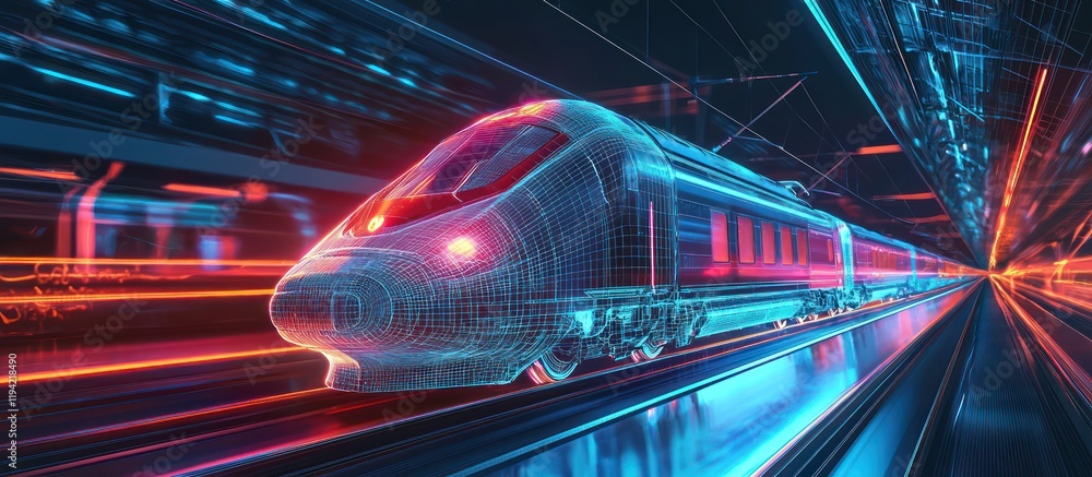 Poster advanced rail technology and modern design highlighted in a digital wireframe train illustration.